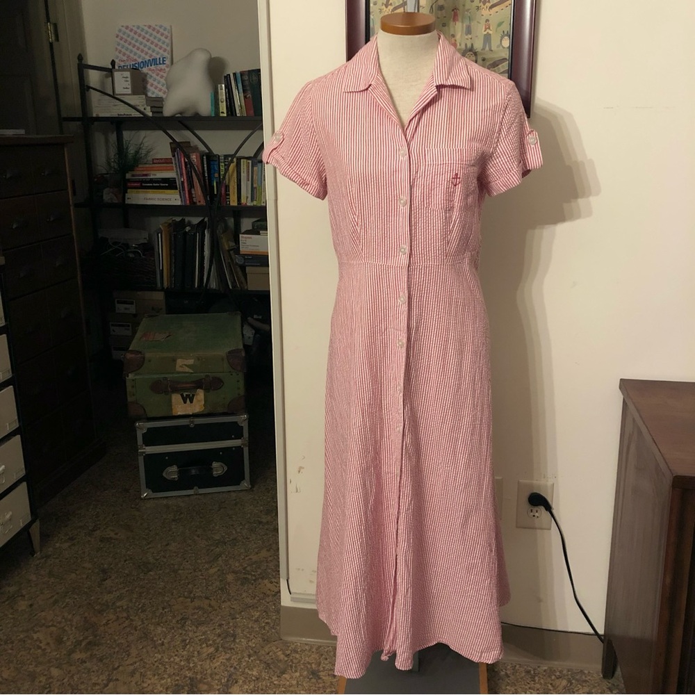 VINTAGE: J.G. Hook Nautical Stripe Seersucker Maxi Dress Sz.S/M (RED-WHITE)